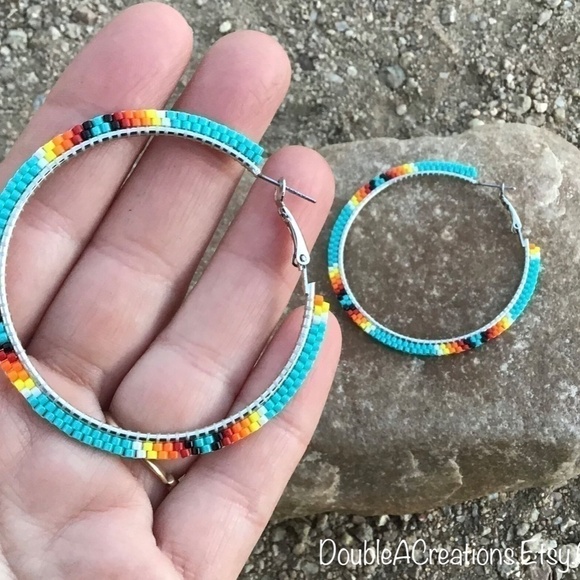 Turquoise 2” Beaded Hoops, New, Handmade by Me - Picture 2 of 7